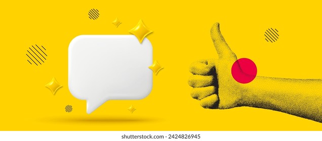 Hand showing thumbs up gesture. Concept of human partnership with 3d chat speech bubble. Design for banner, flyer, poster or yellow brochure. Like hand in dotted grain style. Vector illustration