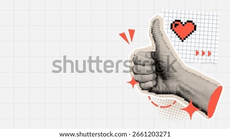 Hand showing thumbs up in vector halftone collage style illustration. Pixel heart on grid paper for social media feedback.