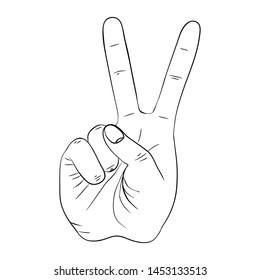 Hand showing two count. Vector illustration. Hand collection. Transparent element with black contour
