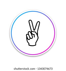Hand showing two finger icon isolated on white background. Victory hand sign. Circle white button. Vector Illustration