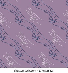 Hand showing two finger icon seamless pattern. Victory symbol. Silhouette purple and white contour on a purple background. Designed for textile, wrapping paper, fabric print. Vector illustration.