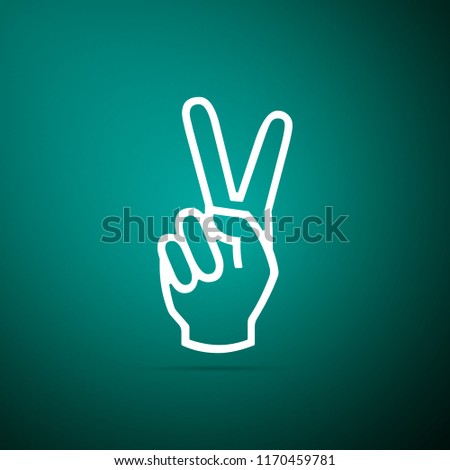 Hand showing two finger icon isolated on green background. Victory hand sign. Flat design. Vector Illustration