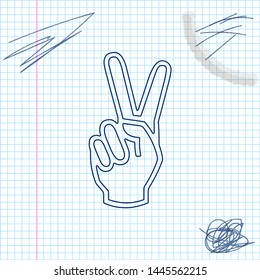 Hand showing two finger line sketch icon isolated on white background. Victory hand sign. Vector Illustration