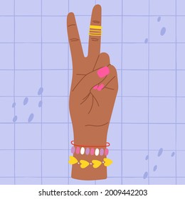 Hand showing two fingers colourful illustration. Hand counting two. Isolated hand with two fingers raised. Trendy flat icon.