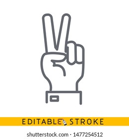 Hand showing two fingers icon. Sketch line flat icon of hand. Modern vector illustration concept. Editable outlines stroke. - Vector