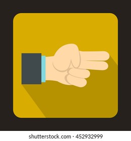 Hand showing two fingers icon in flat style on a yellow background