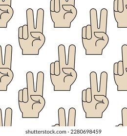 Hand showing two fingers. Isolated seamless icon pattern on white background. Victory hand sign. Vector.