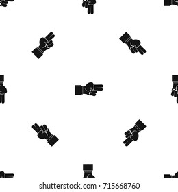 Hand showing two fingers pattern repeat seamless in black color for any design. Vector geometric illustration