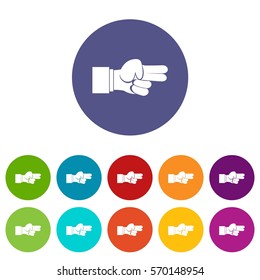 Hand showing two fingers set icons in different colors isolated on white background