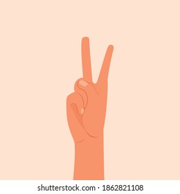 Hand showing two fingers vector illustration. Shows the number two with the fingers of the hand. Woman or man hand isolated white background. Fingers raised up. inside of the hand, flat modern design