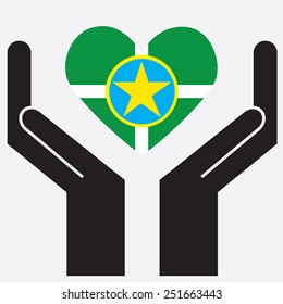 Hand showing United States of America Country Jackson City flag in a heart shape. Vector illustration.