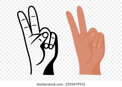 Hand Showing the Victory or Peace Sign, Flat Vector Illustration. Black and Colored Hands Making a Two Finger Gesture. Symbol of Success, Freedom, Protest. Outline and Flat Style Hand Sign Icon Set