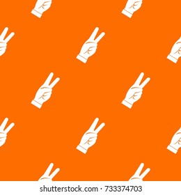 Hand showing victory sign pattern repeat seamless in orange color for any design. Vector geometric illustration