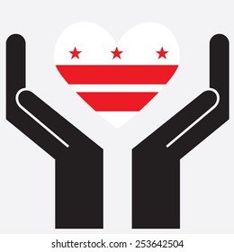 Hand showing Washington DC flag in a heart shape. Vector illustration.