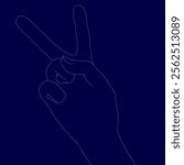 Hand is shown in a blue background with a peace sign made out of the fingers. Concept of calm and tranquility, as the peace sign is often associated with peace and harmony
