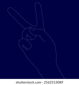 Hand is shown in a blue background with a peace sign made out of the fingers. Concept of calm and tranquility, as the peace sign is often associated with peace and harmony