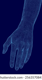 Hand is shown in a blue color with a lot of dots. The hand is shown in a very detailed manner, with each dot representing a part of the hand. The image has a futuristic and abstract feel to it