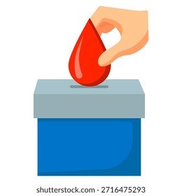 Se muestra una mano que arroja una gota de sangre roja en una caja azul con una ranura en la parte superior, que simboliza la donación de sangre.