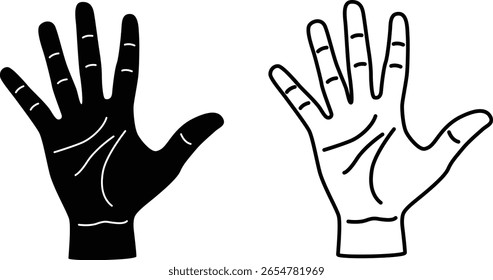 Hand Shown Five Finger Sign Silhouettes Flat and Outline Design