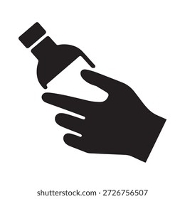 A hand is shown gripping a plastic bottle in a simple black silhouette