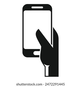 Hand is shown holding a smartphone, with a finger touching the screen