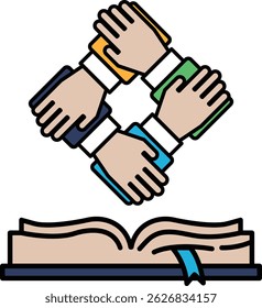 A hand is shown in the middle of a book with four other hands surrounding it. Concept of unity and collaboration