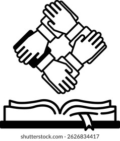 A hand is shown in the middle of a book with four other hands surrounding it