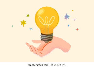 Hand shows bulb. Concept of creative idea or brainstorm. Vector illustration