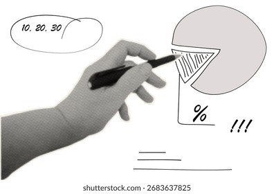 A hand shows a circular financial chart. A document with infographic and performance analysis. A business project dashboard or report, strategy. Paper cutouts for a collage. Halftone style, vector.