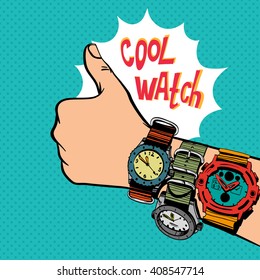La mano muestra diferentes relojes y espectáculos como gesto. Estilo de comics