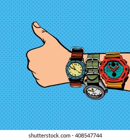 Hand shows different watches and shows like gesture. Comics style 