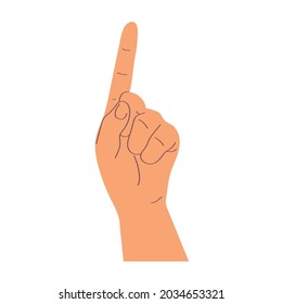 Hand shows finger number one. Forefinger. Gesture. Shows the number one with the finger of the hand.Vector illustration in flat style.