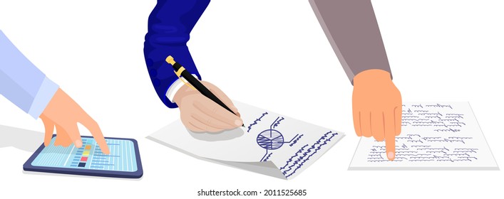 Hand shows finger to text on sheet for business meeting in office. Hand in blue suit holds pen, writes and draws pie chart. Arm works and analyzes information from tablet screen on white background