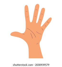 Hand shows five fingers. Gesture. Shows the number five with the fingers of the hand. Open palm. Vector illustration in flat style