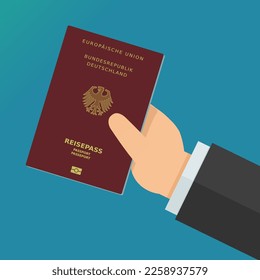 Eine Hand zeigt einen deutschen Pass mit dem Emblem des deutschen Adlers und dem Wortlaut der deutschen Republik und der Europäischen Union in deutscher Sprache (flaches Design)