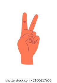 Hand shows gesture concept. Minimalistic sticker with palm, index and middle fingers raised up. Peace Sign. Design element for websites. Cartoon flat vector illustration isolated on white background