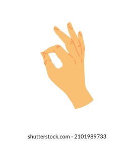 Hand shows gesture concept. Minimalistic sticker with female hand showing ok sign. All right. Design element for websites. Cartoon modern flat vector illustration isolated on white background