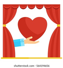 Hand shows heart in theater red curtains. Symbol of passionate feeling of love. Postcard valentines day, wedding and date. Flat vector cartoon illustration. Objects isolated on a white background.