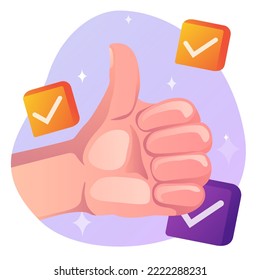 The hand shows the like. Confirmation of a successful transaction. Fulfilled conditions. Vector illustration