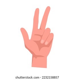 Hand shows the number three. Hand gestures cartoon vector illustration. Human palm with finger, showing numbers, direction, symbol and sign. Gesturing concept