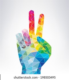 Hand shows the number two. Colorful geometric hand.