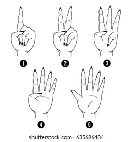 The hand shows numbers with fingers. Line art