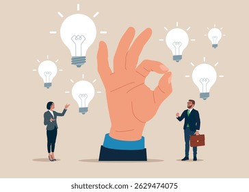 A mão mostra o ok. Criatividade, oportunidade de negócios, nova solução ou ideia, curiosidade, busca pelo sucesso. Ilustração de vetor plano