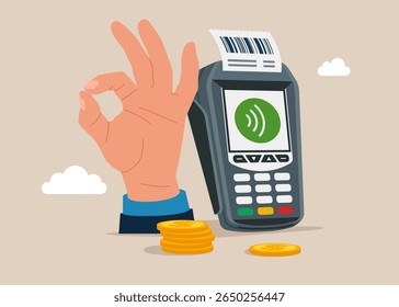 La mano muestra el ok. Terminal de punto de venta POS para pago con tarjeta de crédito. Servicio de Asistencia 24-7, horas de trabajo. Concepto de economía de presupuesto de finanzas familiares. Calculadora de conteo de dinero. Ilustración vectorial plana
