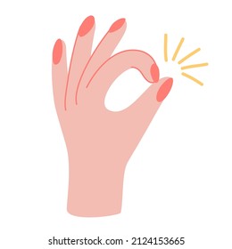 Hand shows the ok sign. The gesture is good. e-commerce and marketing, the best choice sign design Vector illustration cartoon style isolated on the white background.