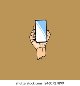 hand shows the phone screen to the front vector illustration