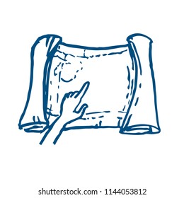 Hand shows place on map ink drawn doodle line art vector sketch icon illustration on white background