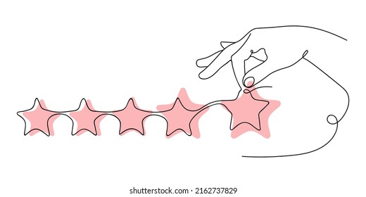 Hand shows the Rating on the pink Stars. Line art drawing. An illustration for evaluating the Rating of something. Icon for Ratings, Reviews, feedback. Vector illustration.