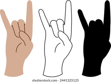 The hand shows a rock sign, a goat. Vector image in color, black outline, silhouette.
