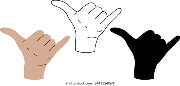 The hand shows the shaka sign. Vector image in color, black outline, silhouette.